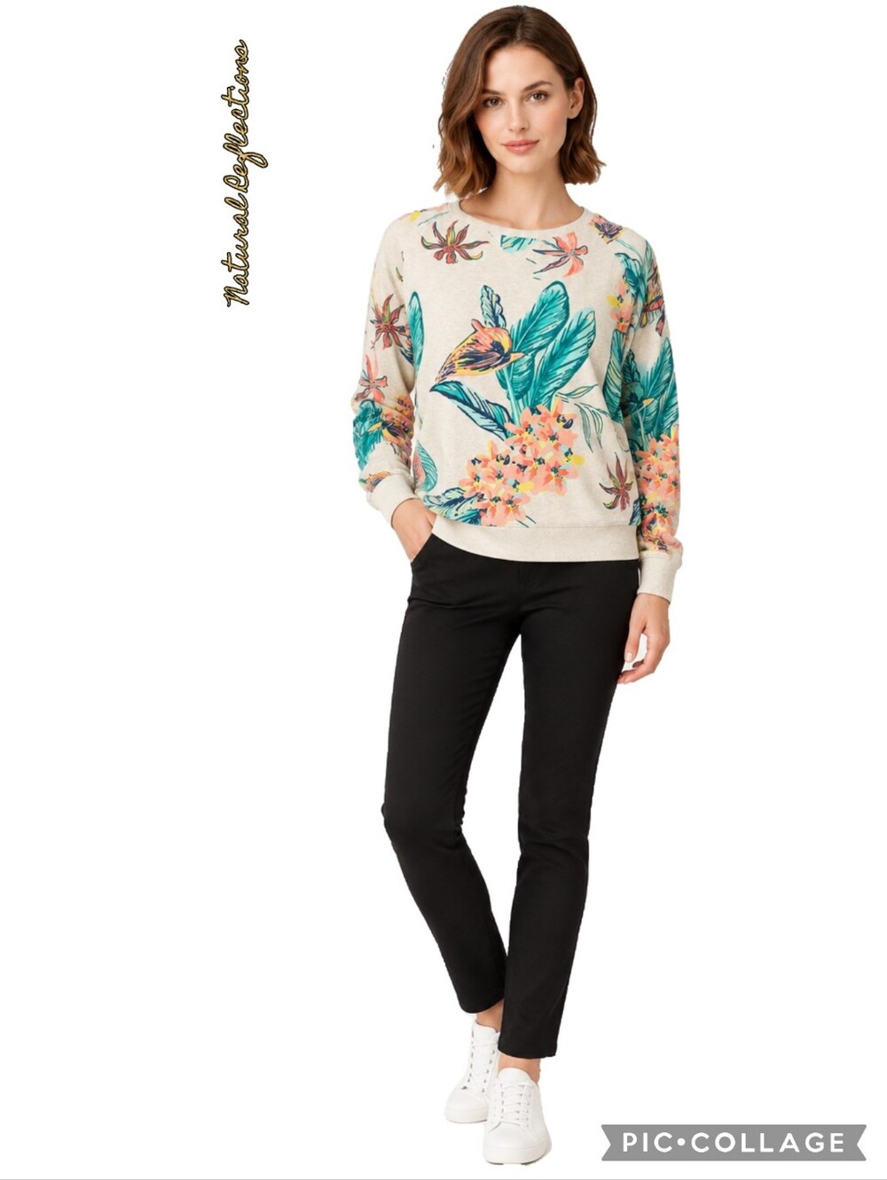 Narural Reflections ivory tropical floral crew sweater 100% cotton soft comfy